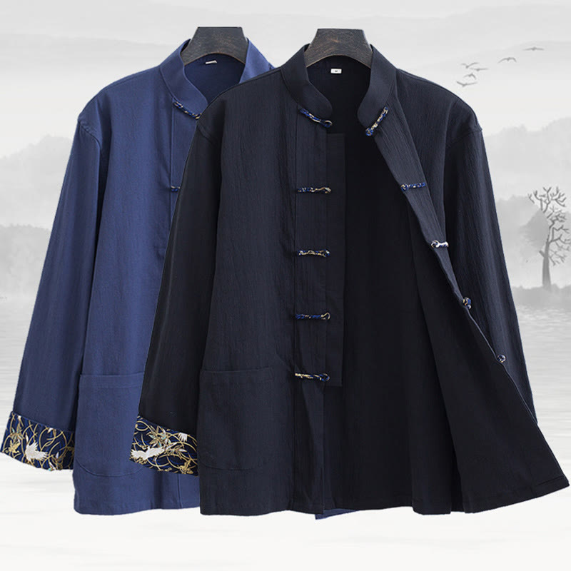 Buddha Stones Męski Żabkowy Garnitur Tang Bawełna Biały Żuraw Haft Kurtka Koszula Koszula Z Kieszeniami - image 1