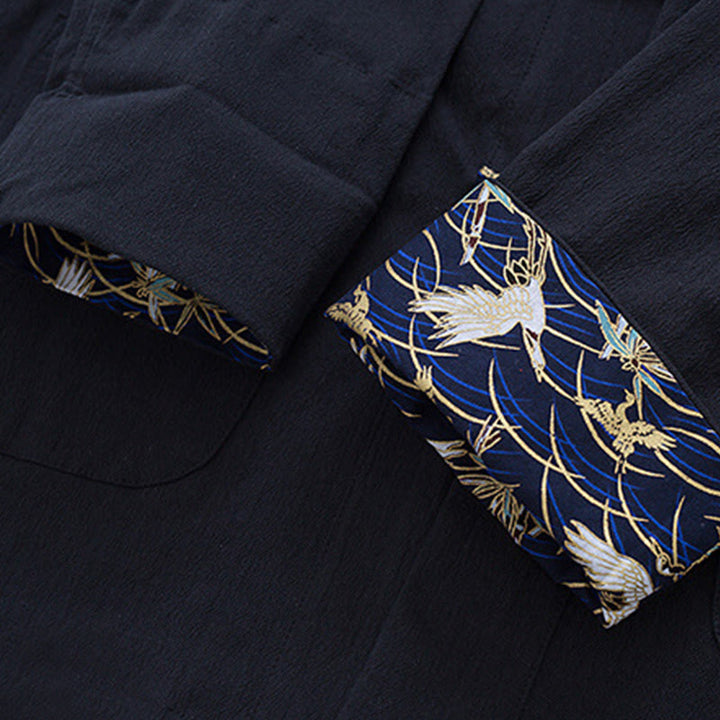 Buddha Stones Męski Żabkowy Garnitur Tang Bawełna Biały Żuraw Haft Kurtka Koszula Koszula Z Kieszeniami - image 6