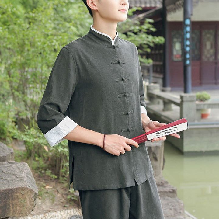 Buddha Stones 2 szt. Jesienny męski garnitur Tang z żabą i guzikami, bawełniany, z rękawem trzy czwarte, spodnie, zestaw - image 15