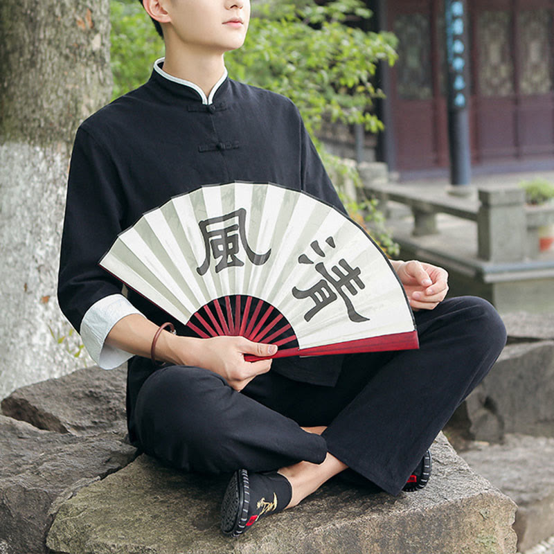 Buddha Stones 2 szt. Jesienny męski garnitur Tang z żabą i guzikami, bawełniany, z rękawem trzy czwarte, spodnie, zestaw - image 10