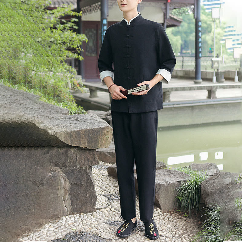 Buddha Stones 2 szt. Jesienny męski garnitur Tang z żabą i guzikami, bawełniany, z rękawem trzy czwarte, spodnie, zestaw - image 8