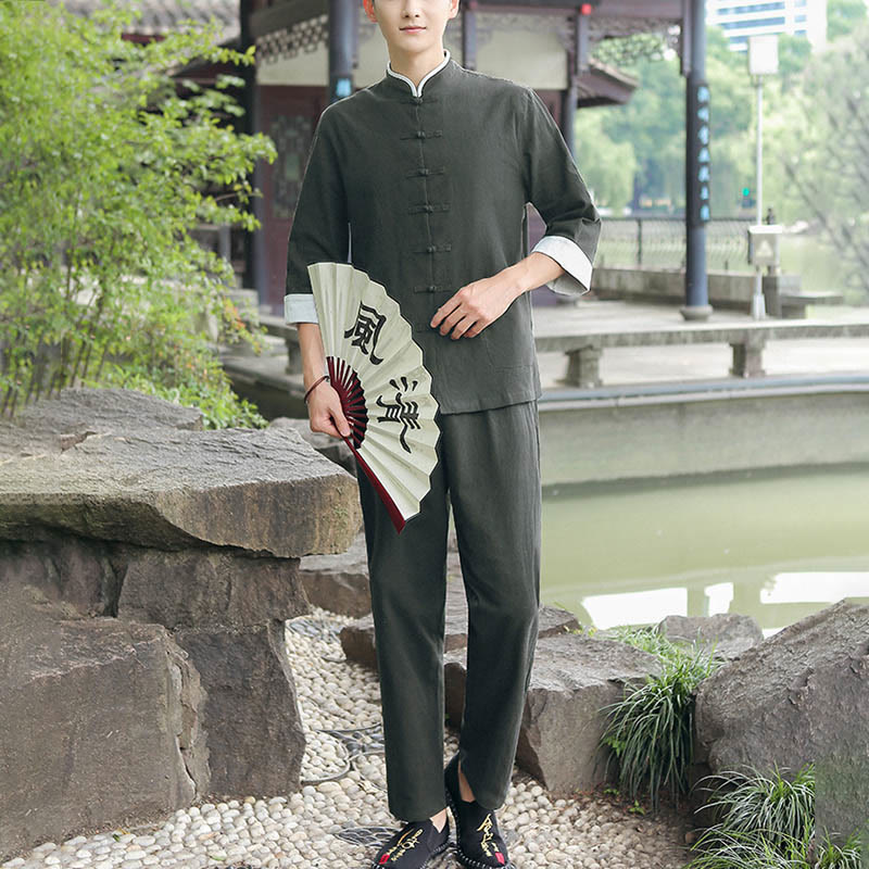 Buddha Stones 2 szt. Jesienny męski garnitur Tang z żabą i guzikami, bawełniany, z rękawem trzy czwarte, spodnie, zestaw - DarkSeaGreen - US/UK/AU48， EU58 (6XL) - image 14