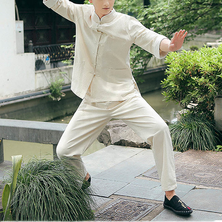 Buddha Stones 2 szt. Jesienny męski garnitur Tang z żabą i guzikami, bawełniany, z rękawem trzy czwarte, spodnie, zestaw - image 5