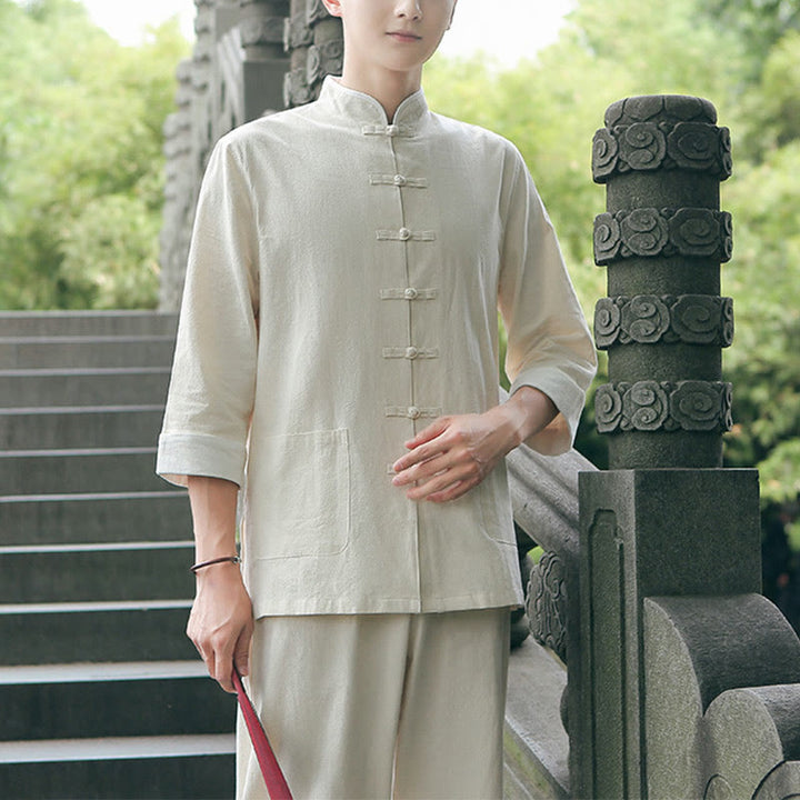 Buddha Stones 2 szt. Jesienny męski garnitur Tang z żabą i guzikami, bawełniany, z rękawem trzy czwarte, spodnie, zestaw - image 3