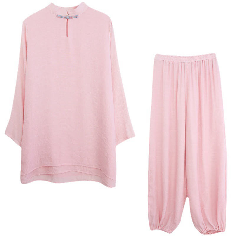 Buddha Stones 2 szt. Solidna damska koszula z długim rękawem i spodniami do medytacji