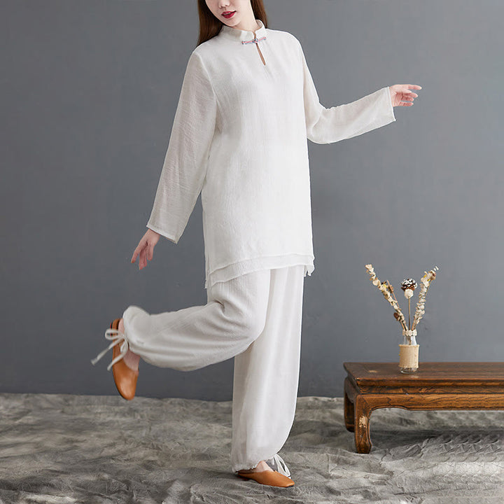 Buddha Stones 2 szt. Solidna damska koszula z długim rękawem i spodniami do medytacji