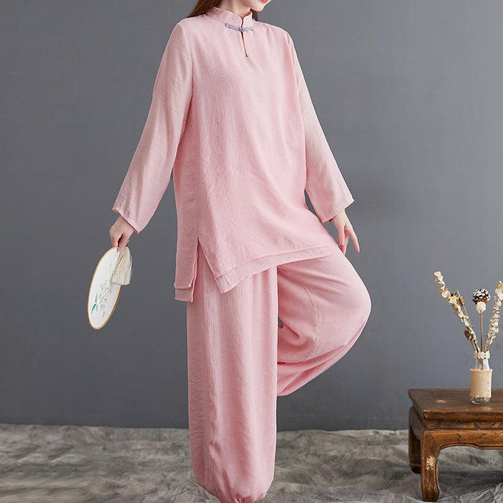 Buddha Stones 2 szt. Solidna damska koszula z długim rękawem i spodniami do medytacji