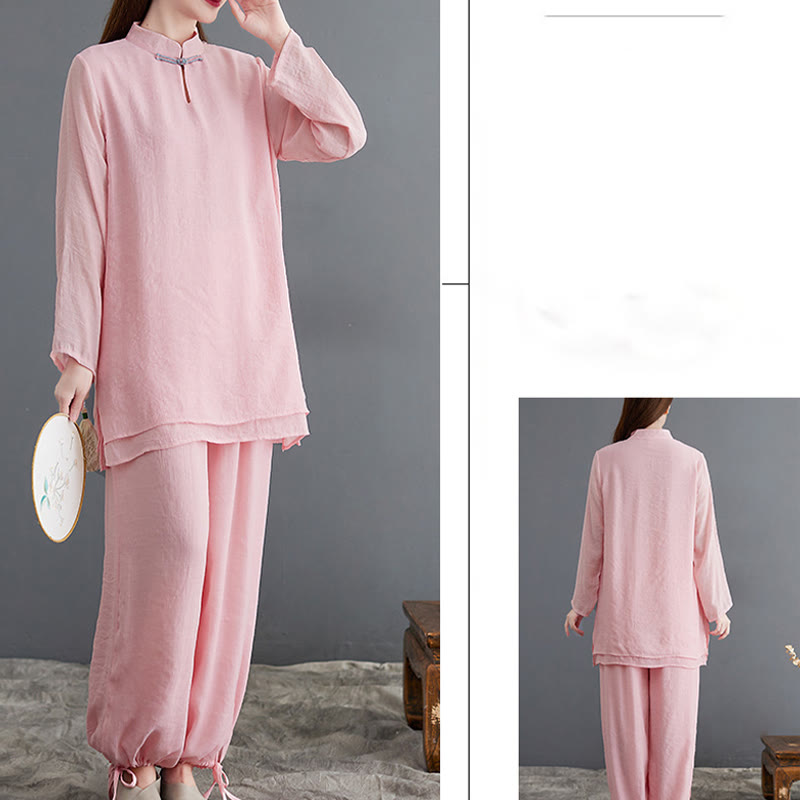 Buddha Stones 2 szt. Solidna damska koszula z długim rękawem i spodniami do medytacji