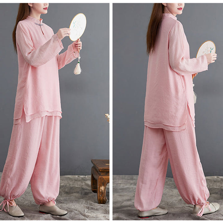 Buddha Stones 2 szt. Solidna damska koszula z długim rękawem i spodniami do medytacji