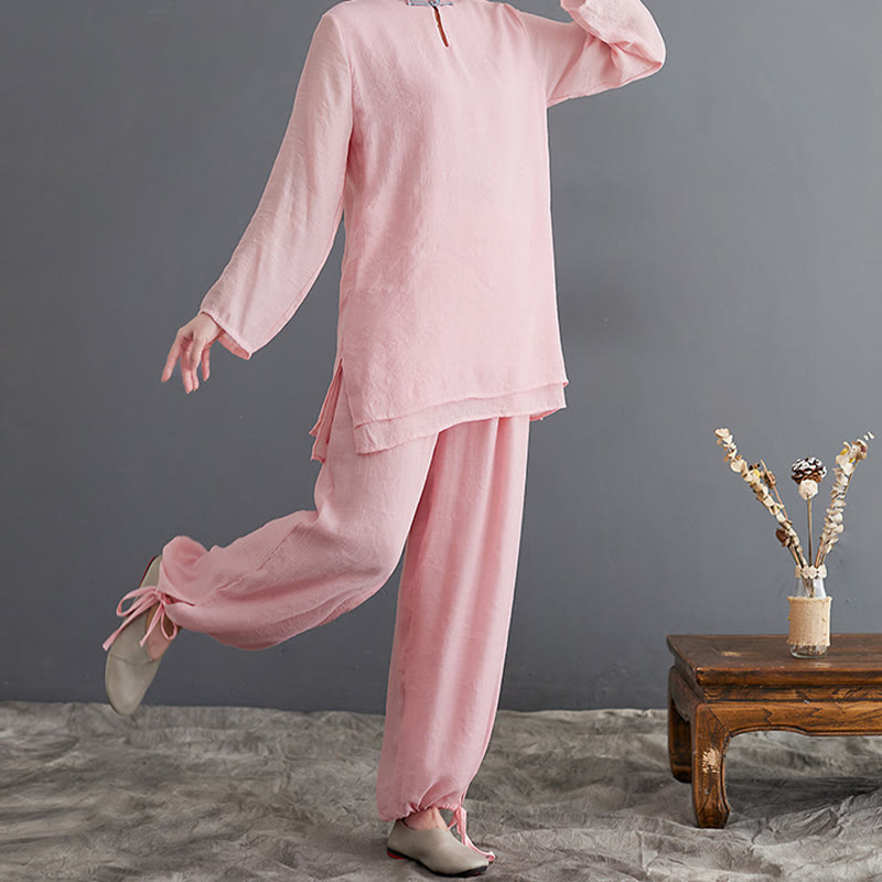 Buddha Stones 2 szt. Solidna damska koszula z długim rękawem i spodniami do medytacji