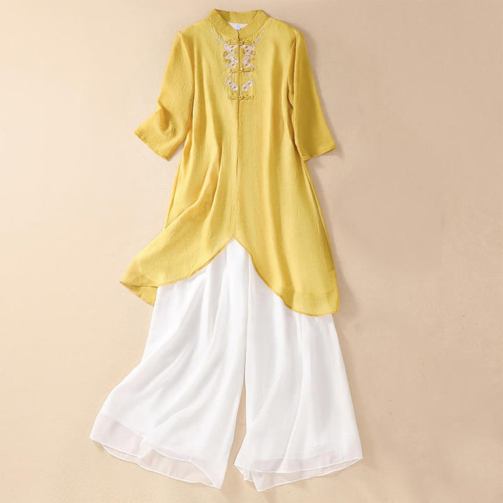 Buddha Stones damskie haftowane kwiaty żaba-guziki koszula sukienka szerokie nogawki spodnie - image 0