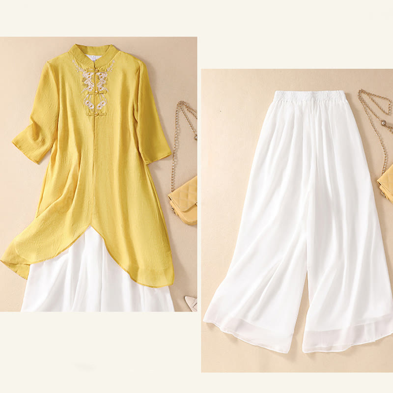 Buddha Stones damskie haftowane kwiaty żaba-guziki koszula sukienka szerokie nogawki spodnie - image 14