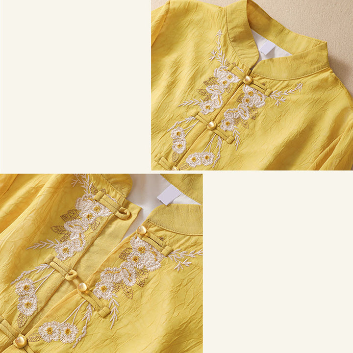 Buddha Stones damskie haftowane kwiaty żaba-guziki koszula sukienka szerokie nogawki spodnie - image 13