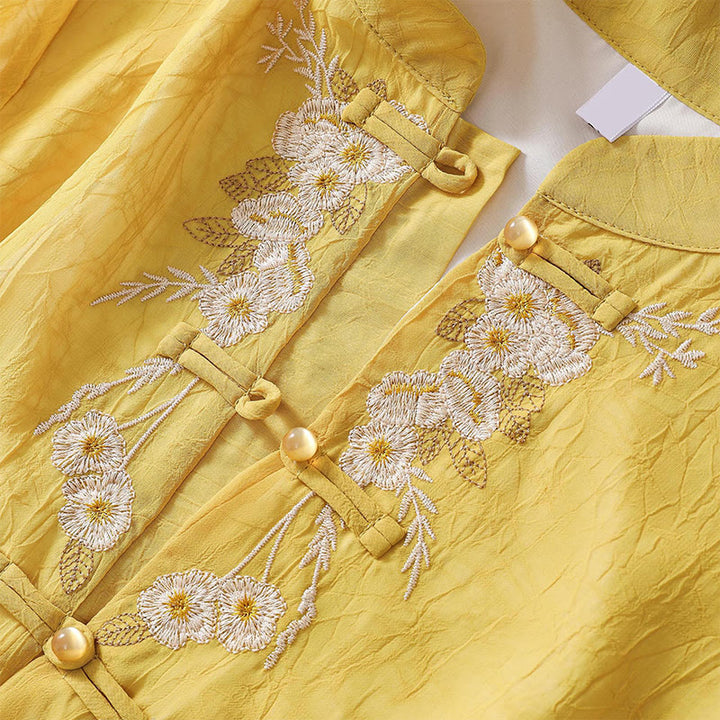 Buddha Stones damskie haftowane kwiaty żaba-guziki koszula sukienka szerokie nogawki spodnie - image 5