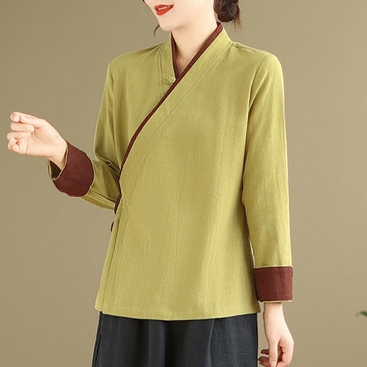 Koszula damska z długim rękawem i sznurowaniem w jednolitym kolorze z motywem Buddha Stones Hanfu - Ciemny Khaki - US8-10，UK/AU12-14，EU40-42 (2XL) - image 8