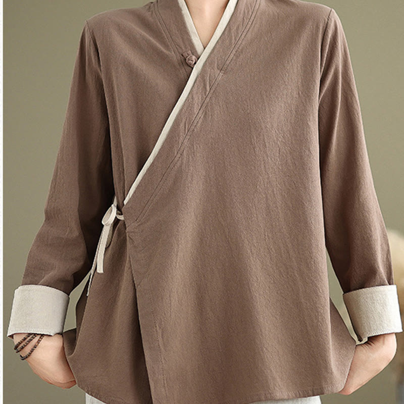 Koszula damska z długim rękawem i sznurowaniem w jednolitym kolorze z motywem Buddha Stones Hanfu - DarkGoldenrod - US8-10，UK/AU12-14，EU40-42 (2XL) - image 18