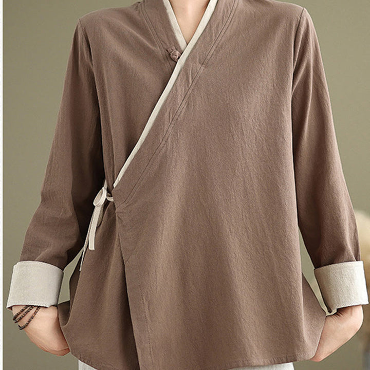 Koszula damska z długim rękawem i sznurowaniem w jednolitym kolorze z motywem Buddha Stones Hanfu - DarkGoldenrod - US8-10，UK/AU12-14，EU40-42 (2XL) - image 18