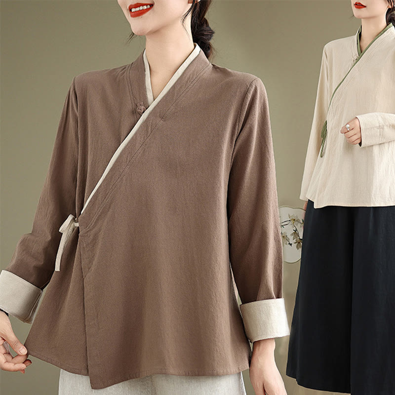 Koszula damska z długim rękawem i sznurowaniem w jednolitym kolorze z motywem Buddha Stones Hanfu - image 24