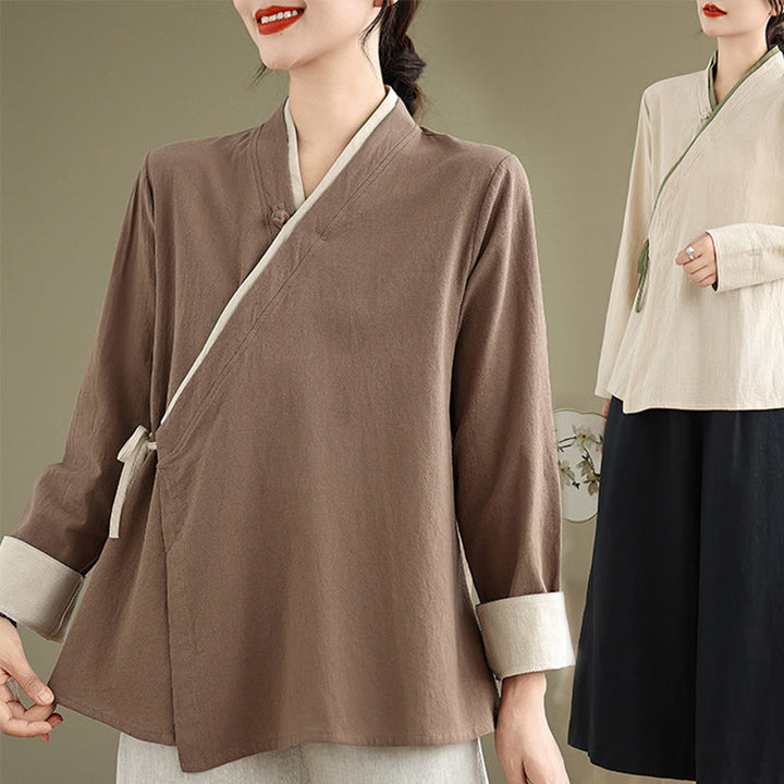 Koszula damska z długim rękawem i sznurowaniem w jednolitym kolorze z motywem Buddha Stones Hanfu - image 24