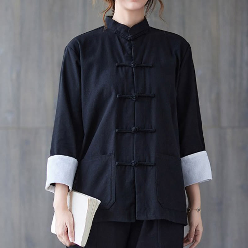 Buddha Stones damskie żaba-guzik koszula z długim rękawem spodnie medytacyjne bawełna len odzież