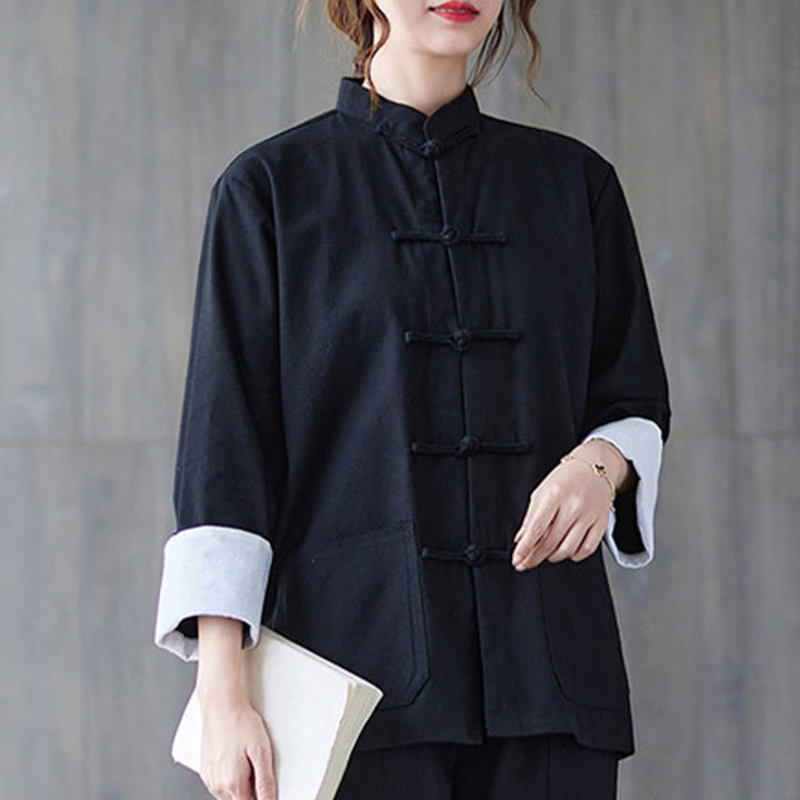 Buddha Stones damskie żaba-guzik koszula z długim rękawem spodnie medytacyjne bawełna len odzież