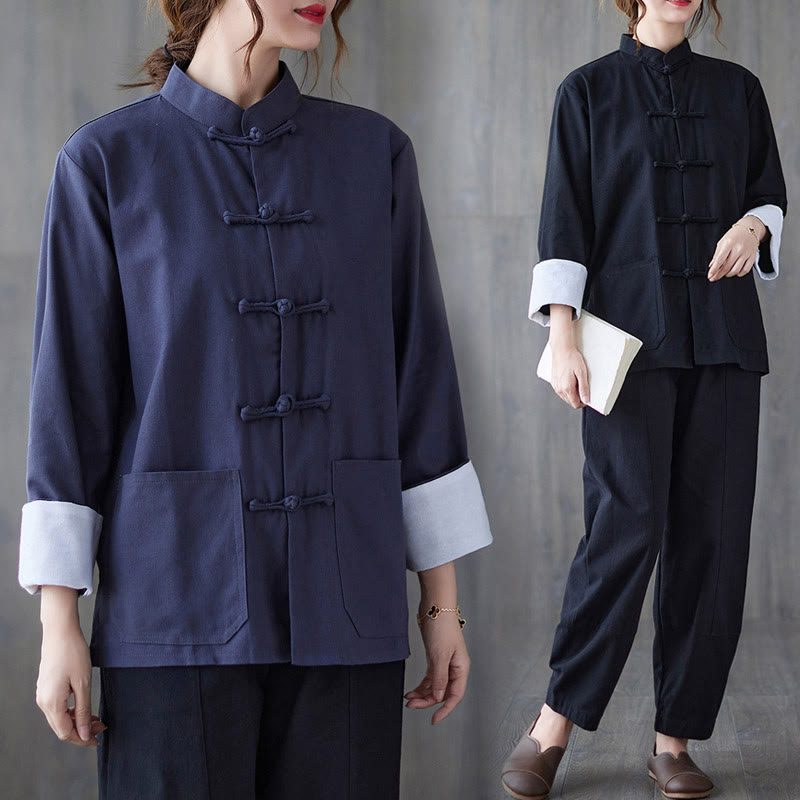 Buddha Stones damskie żaba-guzik koszula z długim rękawem spodnie medytacyjne bawełna len odzież - image 20