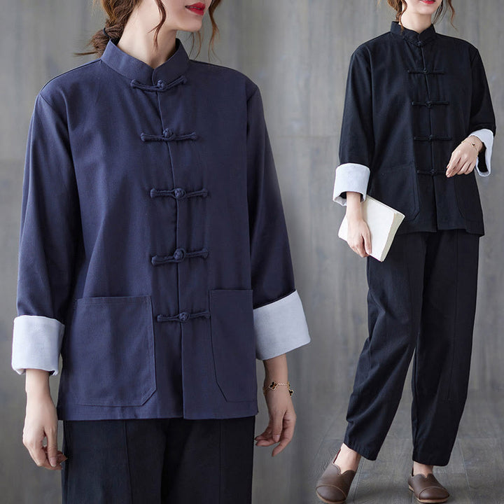 Buddha Stones damskie żaba-guzik koszula z długim rękawem spodnie medytacyjne bawełna len odzież - image 20