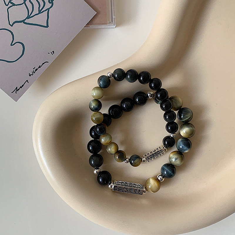 Buddha Stones Naturalny Czarny Obsydian Tygrysie Oko Sześć Prawdziwych Słów 'om Mani Padme Hum' Siła Miłość Bransoletka