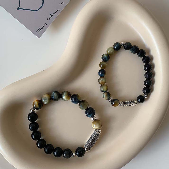 Buddha Stones Naturalny Czarny Obsydian Tygrysie Oko Sześć Prawdziwych Słów 'om Mani Padme Hum' Siła Miłość Bransoletka