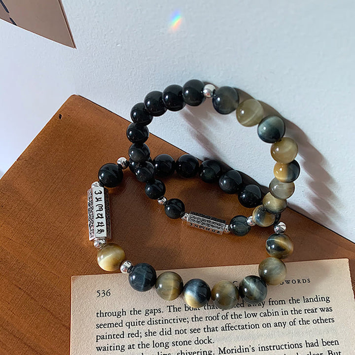Buddha Stones Naturalny Czarny Obsydian Tygrysie Oko Sześć Prawdziwych Słów 'om Mani Padme Hum' Siła Miłość Bransoletka