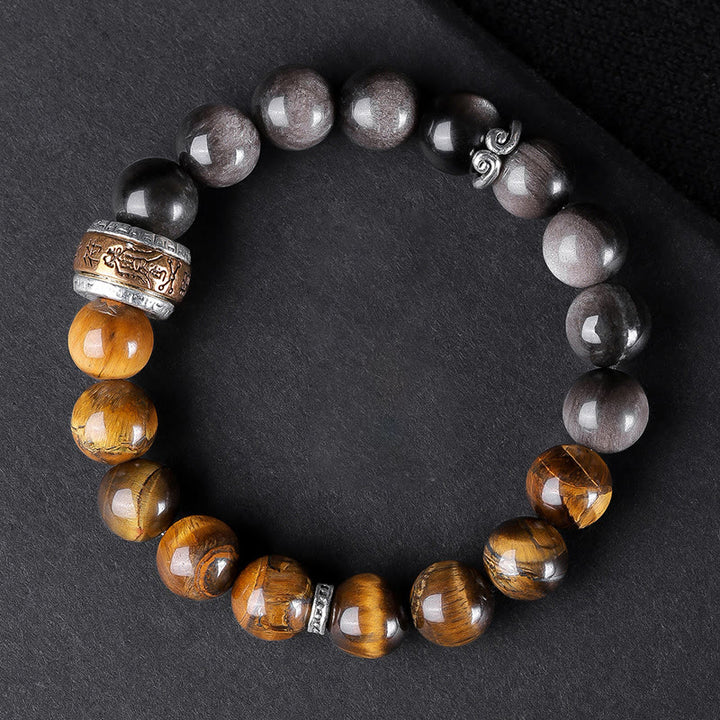 Buddha Stones Naturalny Srebrny Połysk Obsydian Tygrysie Oko Sześć Prawdziwych Słów 'om Mani Padme Hum' Bransoletka Siłowa
