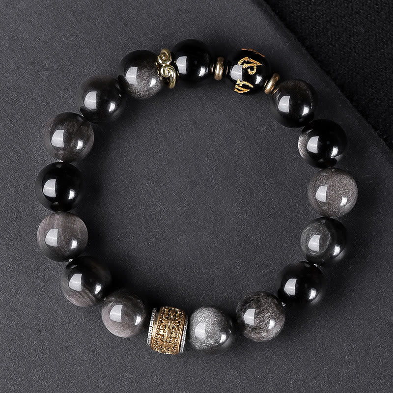 Buddha Stones Naturalny Srebrny Połysk Obsydian Tygrysie Oko Sześć Prawdziwych Słów 'om Mani Padme Hum' Bransoletka Siłowa