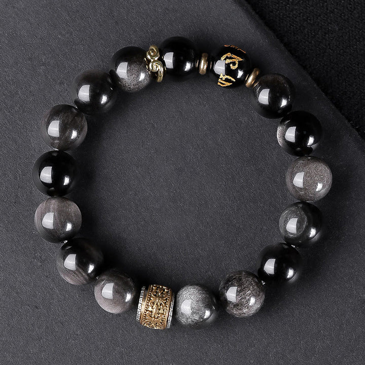 Buddha Stones Naturalny Srebrny Połysk Obsydian Tygrysie Oko Sześć Prawdziwych Słów 'om Mani Padme Hum' Bransoletka Siłowa