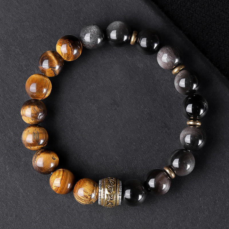 Buddha Stones Naturalny Srebrny Połysk Obsydian Tygrysie Oko Sześć Prawdziwych Słów 'om Mani Padme Hum' Bransoletka Siłowa