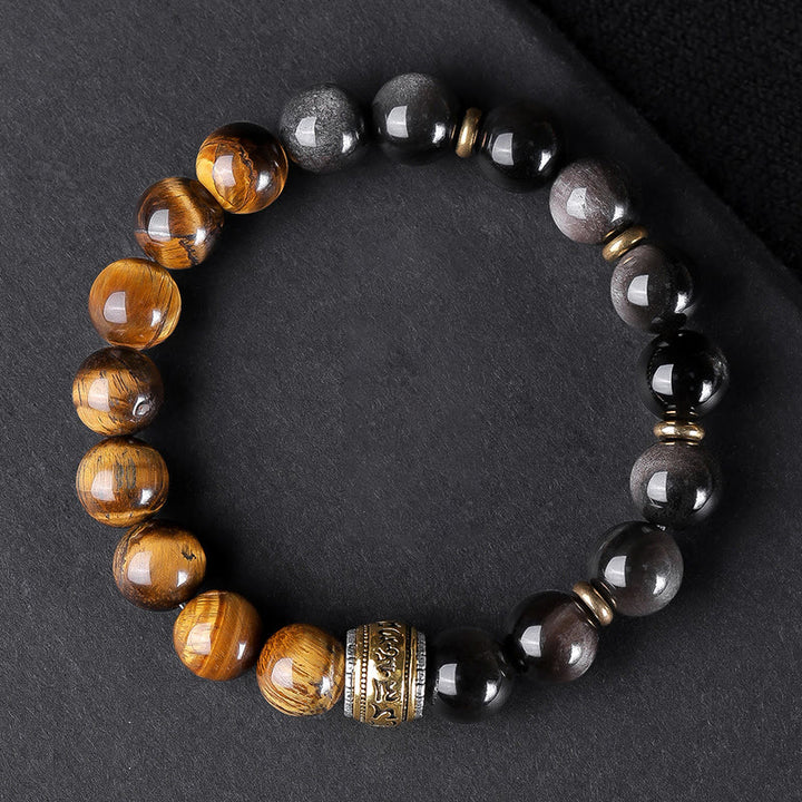 Buddha Stones Naturalny Srebrny Połysk Obsydian Tygrysie Oko Sześć Prawdziwych Słów 'om Mani Padme Hum' Bransoletka Siłowa