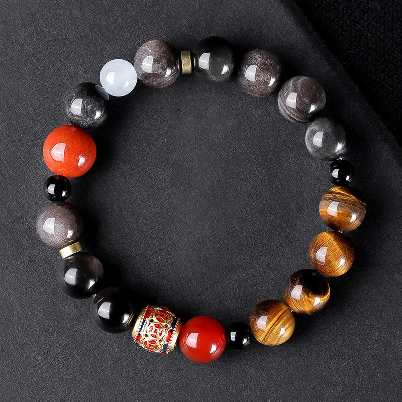 Buddha Stones Naturalny Srebrny Połysk Obsydian Tygrysie Oko Sześć Prawdziwych Słów 'om Mani Padme Hum' Bransoletka Siłowa