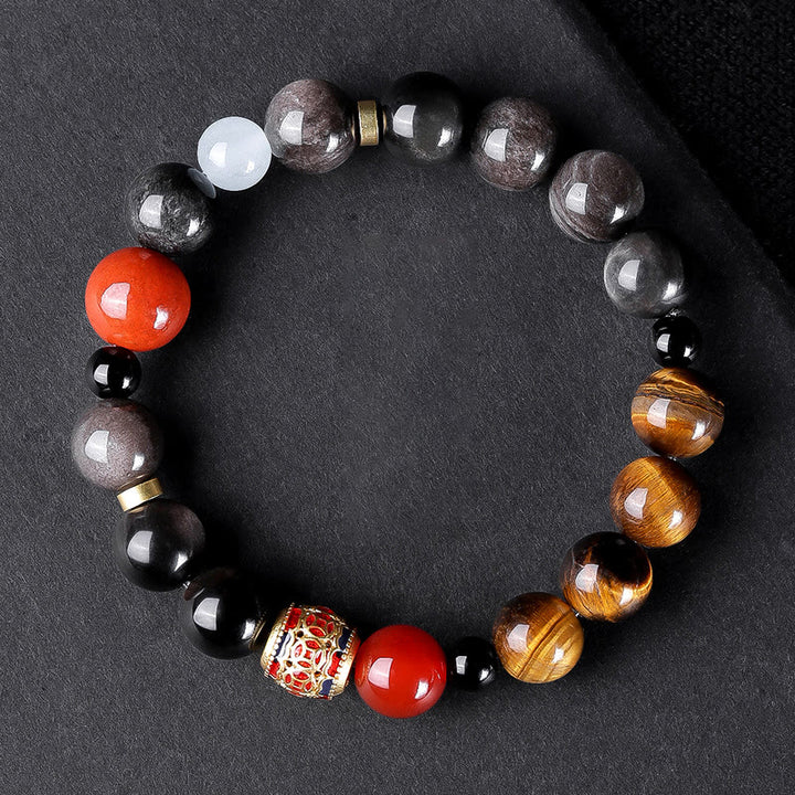 Buddha Stones Naturalny Srebrny Połysk Obsydian Tygrysie Oko Sześć Prawdziwych Słów 'om Mani Padme Hum' Bransoletka Siłowa