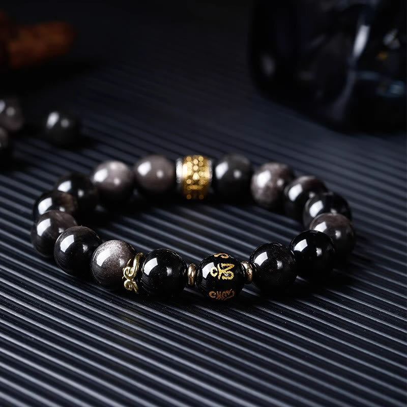 Buddha Stones Naturalny Srebrny Połysk Obsydian Tygrysie Oko Sześć Prawdziwych Słów 'om Mani Padme Hum' Bransoletka Siłowa
