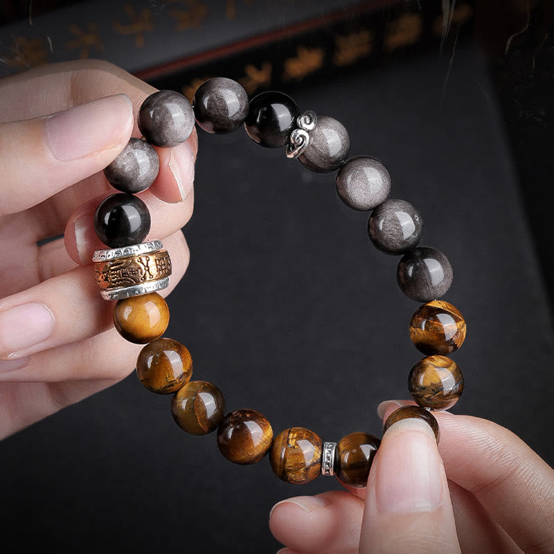 Buddha Stones Naturalny Srebrny Połysk Obsydian Tygrysie Oko Sześć Prawdziwych Słów 'om Mani Padme Hum' Bransoletka Siłowa