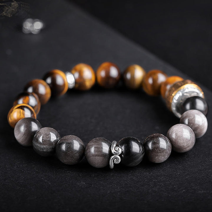 Buddha Stones Naturalny Srebrny Połysk Obsydian Tygrysie Oko Sześć Prawdziwych Słów 'om Mani Padme Hum' Bransoletka Siłowa