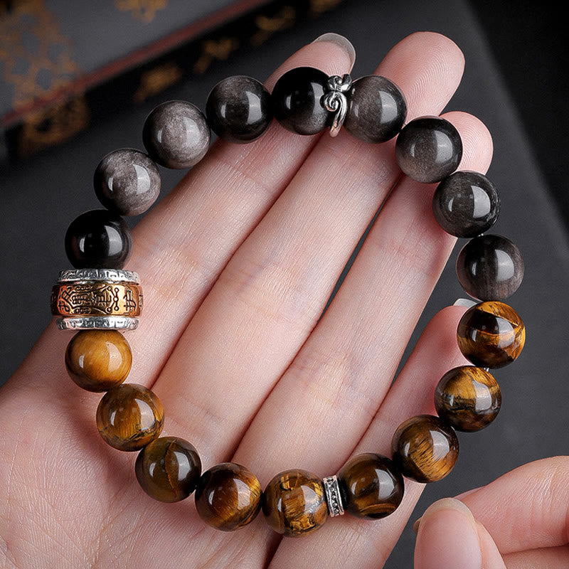 Buddha Stones Naturalny Srebrny Połysk Obsydian Tygrysie Oko Sześć Prawdziwych Słów 'om Mani Padme Hum' Bransoletka Siłowa