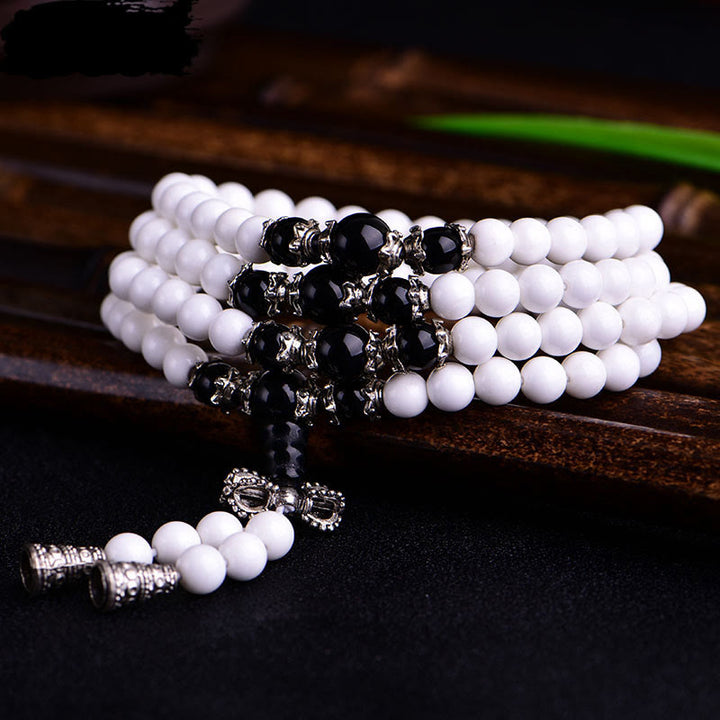 Buddha Stones 108 Mala Koraliki Biała Porcelana Sześć Prawdziwych Słów ' Om Mani Padme Hum' Bransoletka Cierpliwości