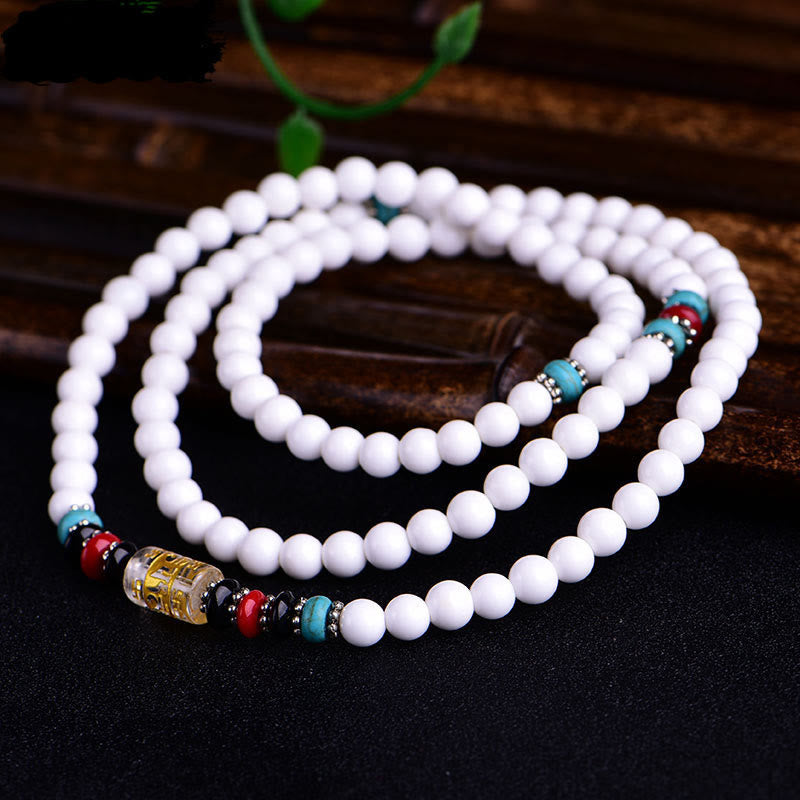 Buddha Stones 108 Mala Koraliki Biała Porcelana Sześć Prawdziwych Słów ' Om Mani Padme Hum' Bransoletka Cierpliwości