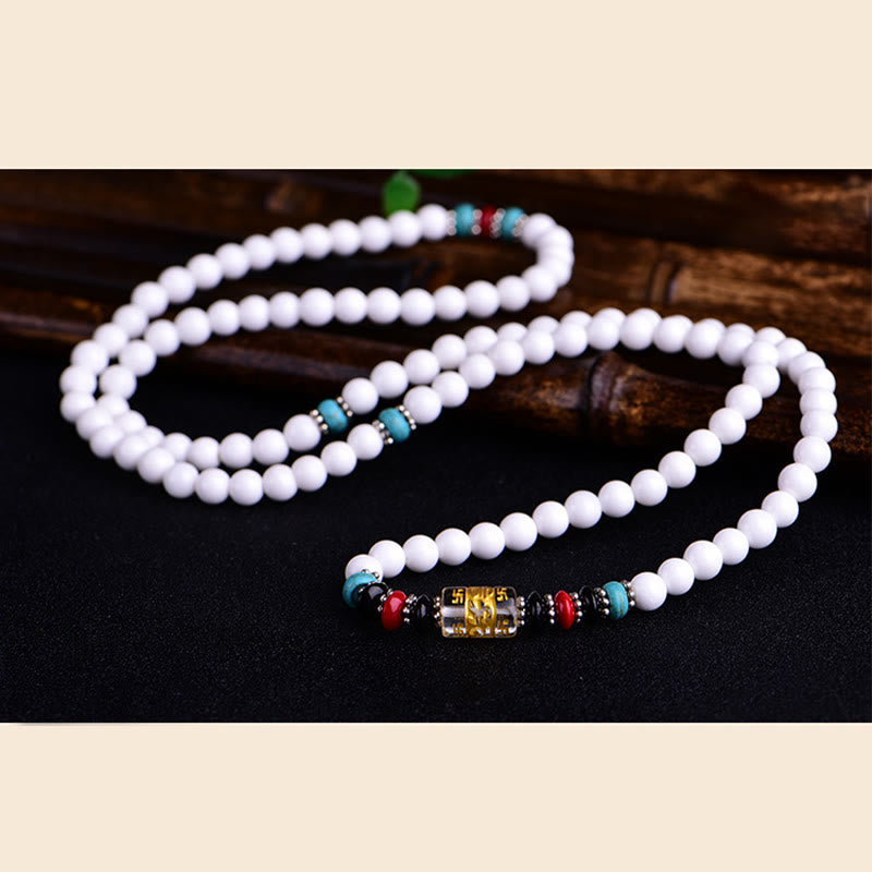 Buddha Stones 108 Mala Koraliki Biała Porcelana Sześć Prawdziwych Słów ' Om Mani Padme Hum' Bransoletka Cierpliwości