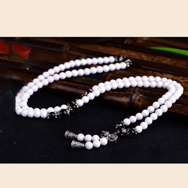 Buddha Stones 108 Mala Koraliki Biała Porcelana Sześć Prawdziwych Słów ' Om Mani Padme Hum' Bransoletka Cierpliwości