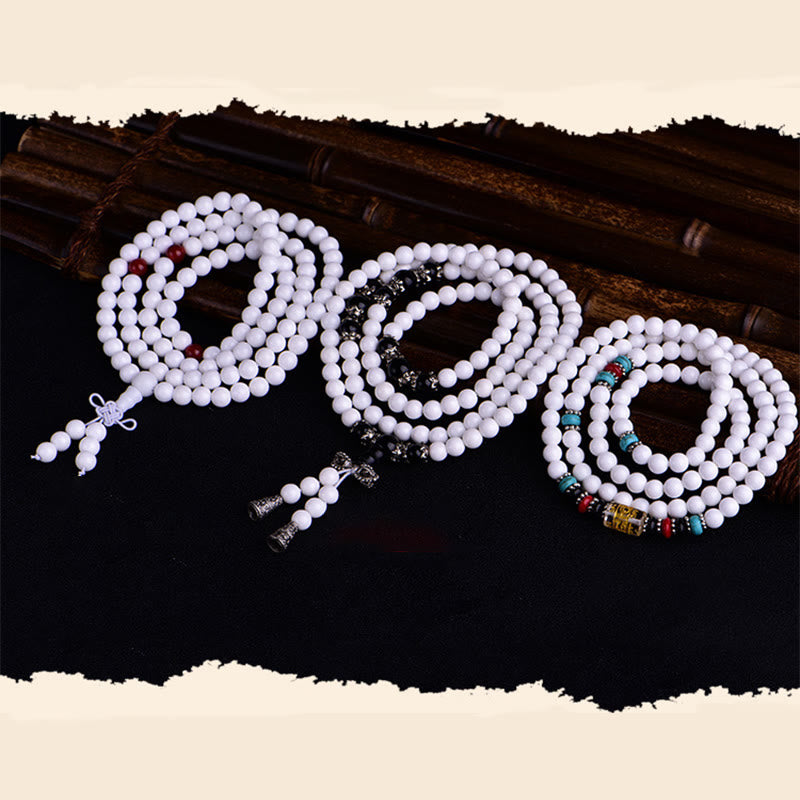 Buddha Stones 108 Mala Koraliki Biała Porcelana Sześć Prawdziwych Słów ' Om Mani Padme Hum' Bransoletka Cierpliwości