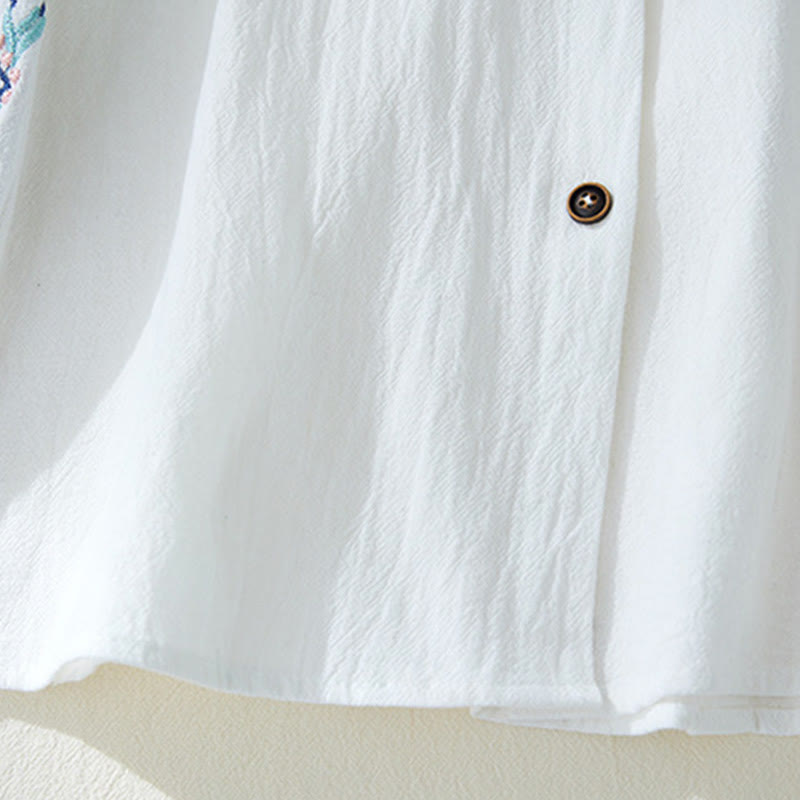 Buddha Stones Geometria Haft Długi Rękaw Guzik Bawełna Len Koszule Damskie