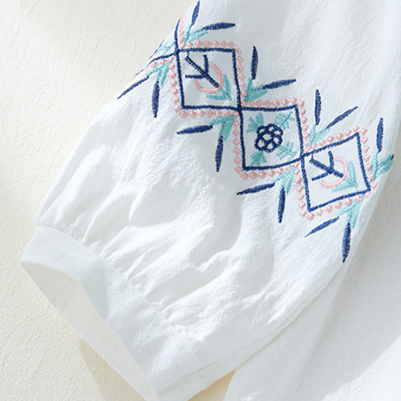 Buddha Stones Geometria Haft Długi Rękaw Guzik Bawełna Len Koszule Damskie