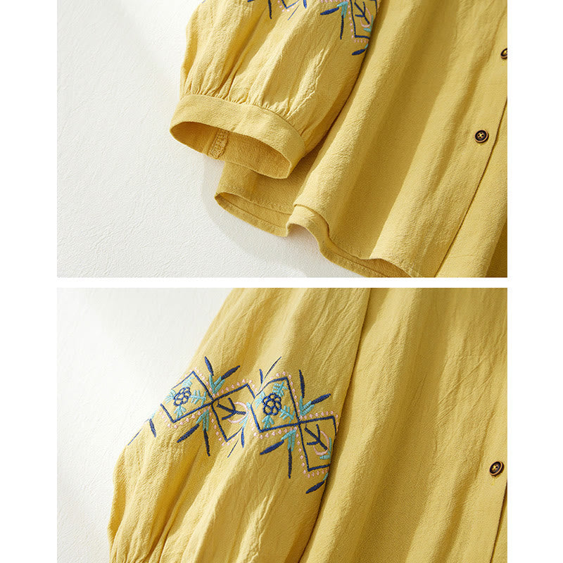 Buddha Stones Geometria Haft Długi Rękaw Guzik Bawełna Len Koszule Damskie - image 7