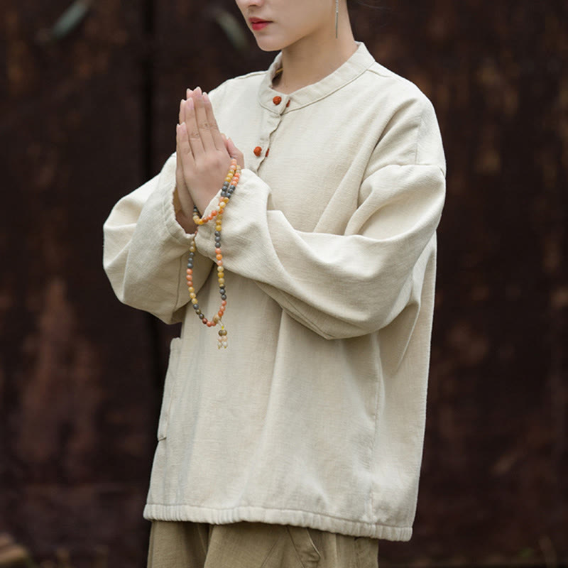 Koszula damska z długim rękawem i ramią lnianą, w jednolitym kolorze , z Buddha Stones, retro